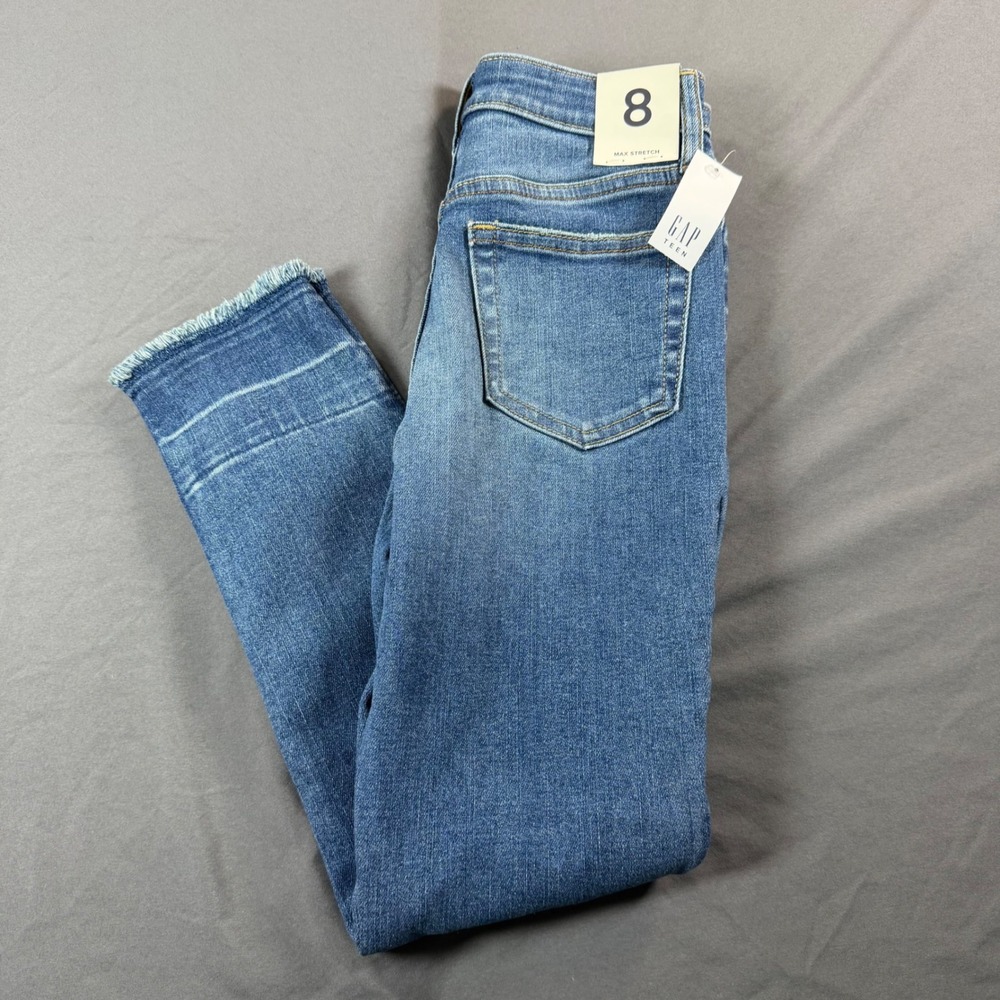 Gap Teen Girls Sky High Skinny Ankle Jeans Medium Wash Distressed Raw Hem Size 8